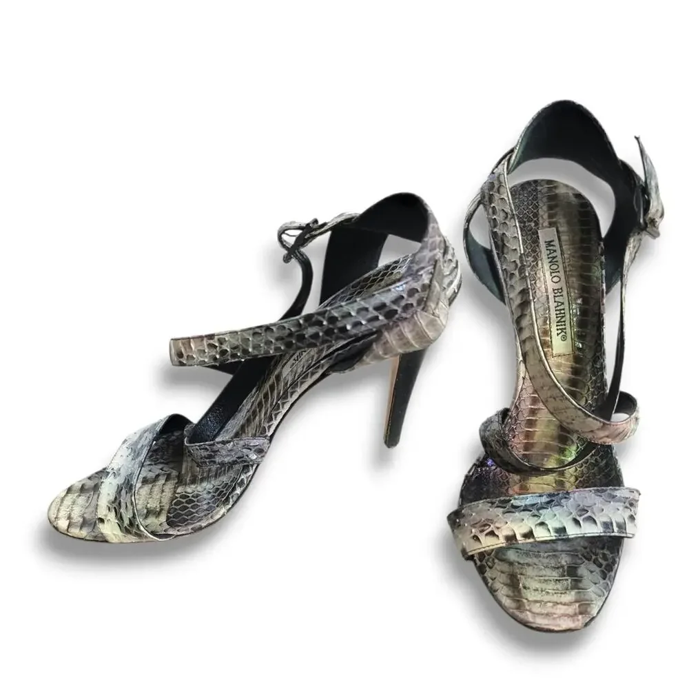 Manolo Blahnik Gray Snakeskin Python Heels strappy Sandals Shoes 36 Stilettos